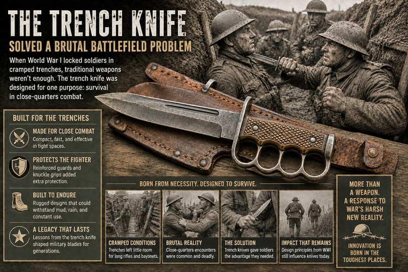 World War I trench knife with soldiers in a battlefield trench infographic.