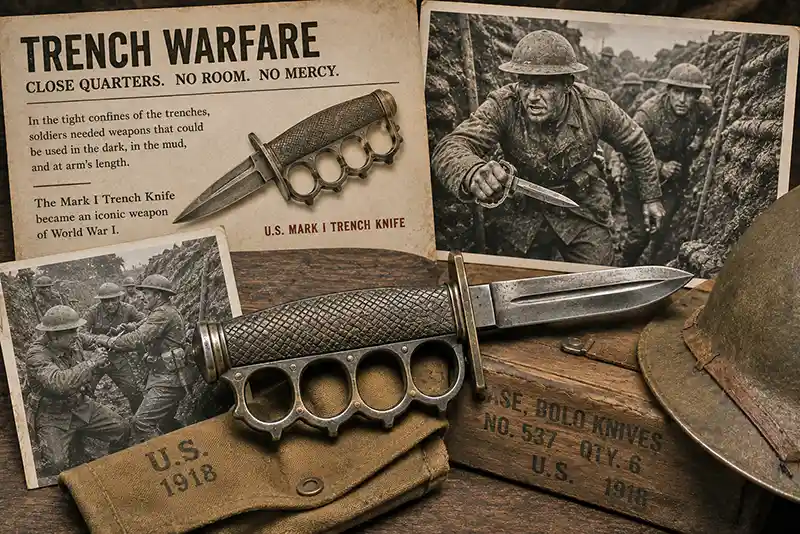 U.S. Mark I trench knife with brass knuckle guard displayed alongside World War I artifacts.