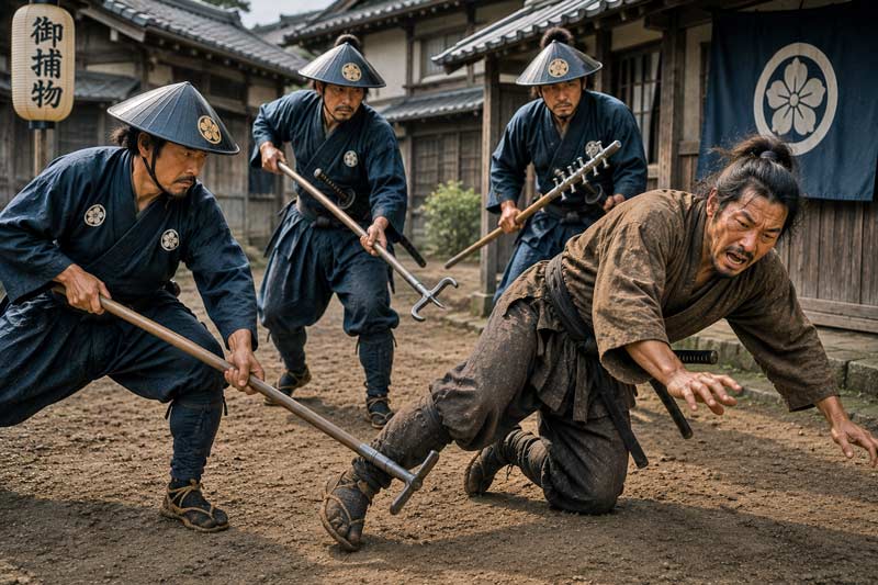 Japanese guards using a tsukubo to trip and capture a fleeing suspect.