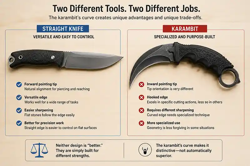 Straight knife and curved karambit compared side by side
