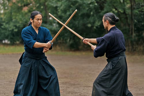 Two martial artists practicing kenjutsu with wooden swords outdoors in traditional uniforms.