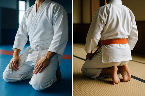 split image showing two karate students in contrasting dojo settings
