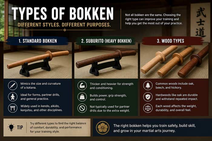 Infographic showing types of bokken including standard, suburito, and different wood materials used in training