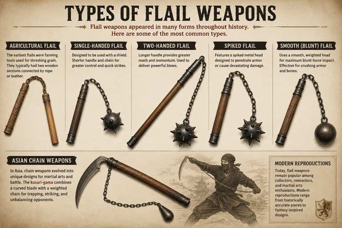 Infographic showing different types of flail weapons including medieval flails, agricultural flails, and chain weapons