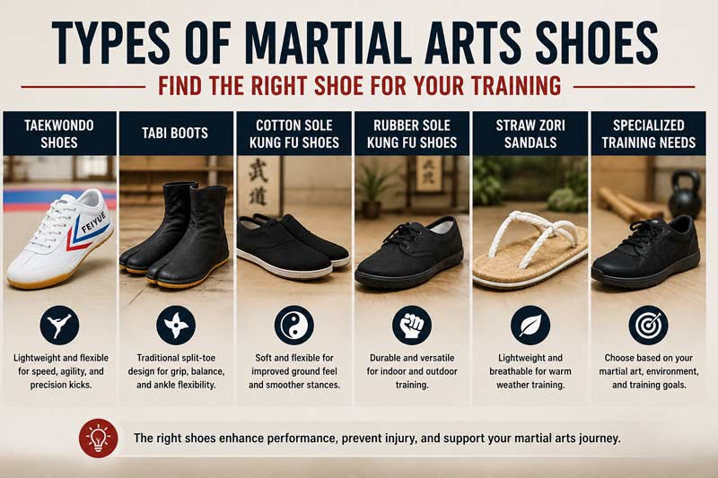 Infographic showing different types of martial arts shoes used for taekwondo, kung fu, ninja training, and indoor practice.