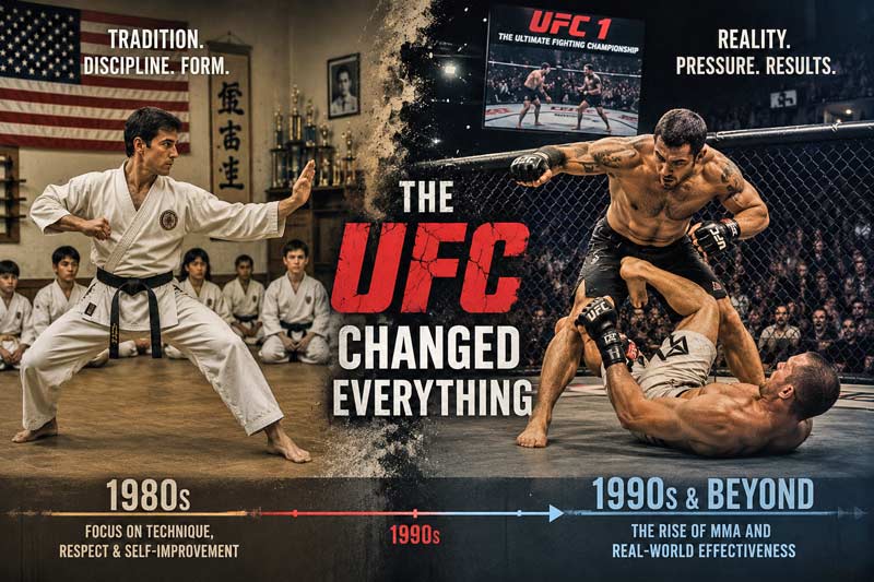 Illustration showing the shift from traditional martial arts training to UFC and MMA competition in America during the 1990s.