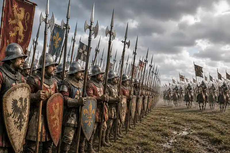 Disciplined line of medieval halberdiers standing firm as mounted knights charge across the battlefield.