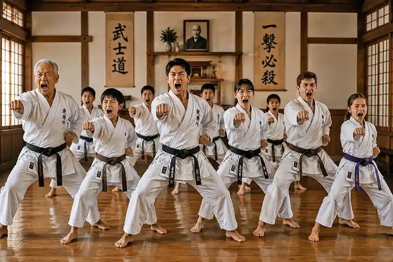 Martial artists of all ages performing a synchronized kiai together in a traditional dojo