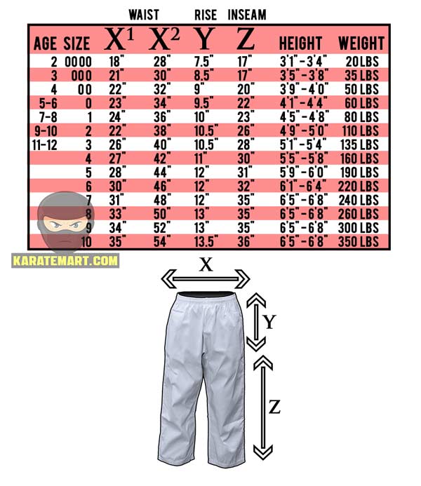 Lightweight Karate Pants Sizing Chart