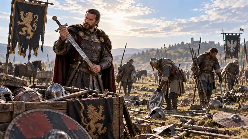 Medieval warriors collecting captured weapons after battle as a commander examines a trophy sword