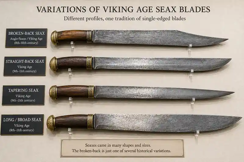 Four historical seax blade shapes including broken-back, straight-back, tapering, and long seax designs