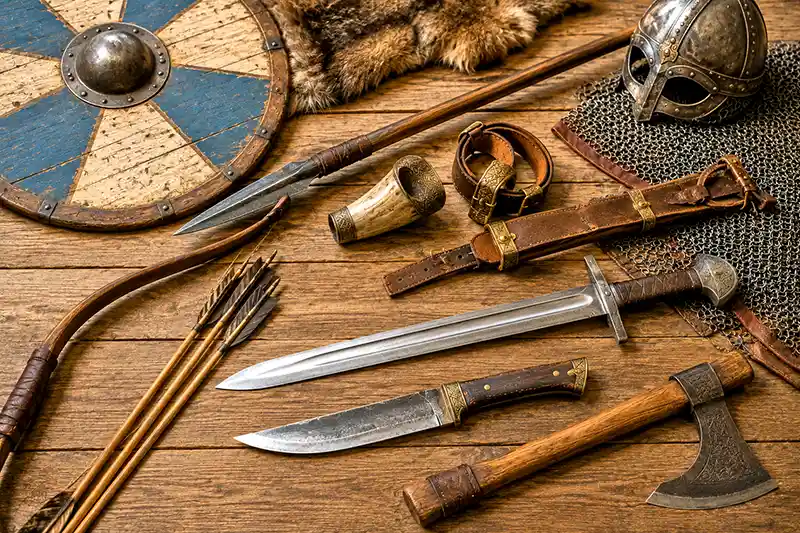 Viking weapons including a seax, sword, axe, spear, bow, and shield