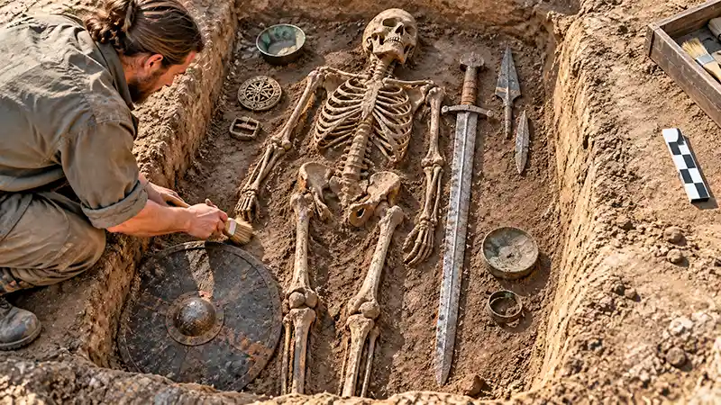 Archaeologist uncovering a medieval warrior burial with a sword, shield, spearhead, and grave goods