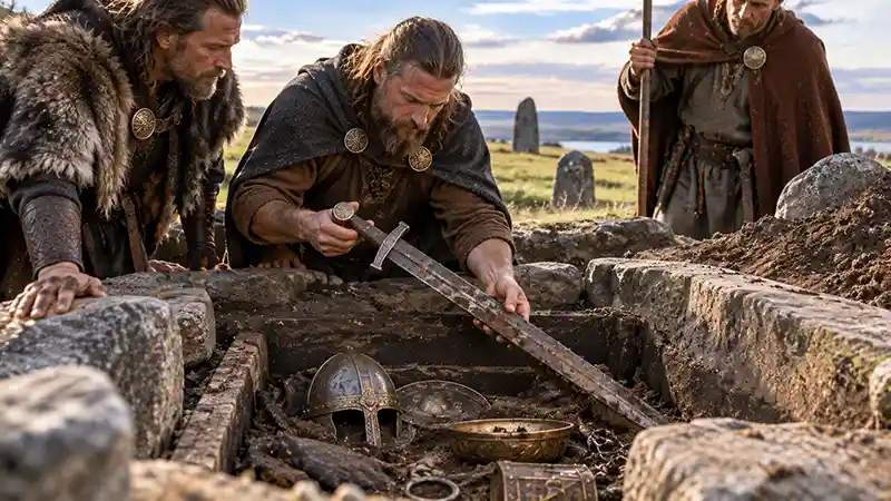 Warriors reopening an old burial and retrieving a sword from the grave