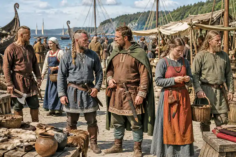 Viking Age harbor market with people carrying different weapons and everyday gear