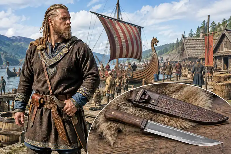 Viking Age warrior at a harbor with a seax and leather sheath