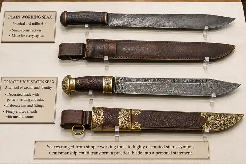 Plain working seax and ornate high-status seax displayed side by side