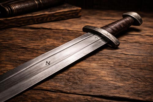 Viking Ulfberht sword on wooden surface