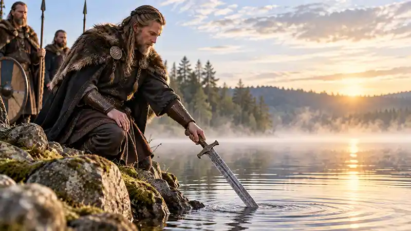 Warrior placing a sword into a lake as a ceremonial offering