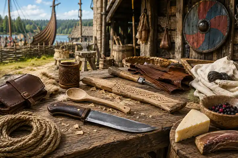 Seax knife on a Viking Age workbench with everyday tools and supplies