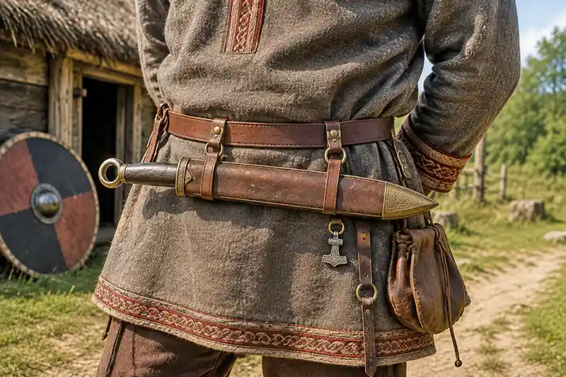 Viking Age seax carried horizontally in a decorated leather sheath