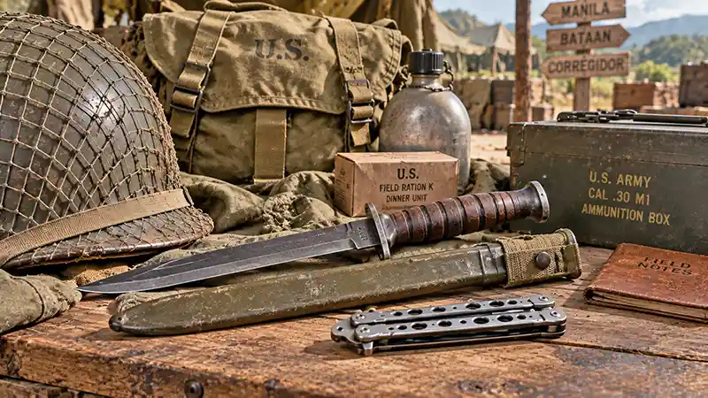 WWII military gear displayed with an issued fighting knife and privately owned butterfly knife