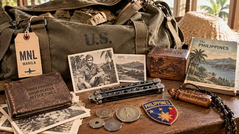 Postwar U.S. serviceman souvenirs from the Philippines displayed with a closed butterfly knife