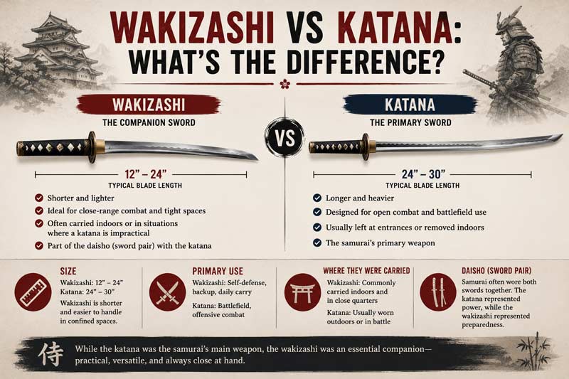 Infographic comparing wakizashi and katana swords, showing differences in blade length, size, purpose, indoor use, and the traditional samurai daisho pairing