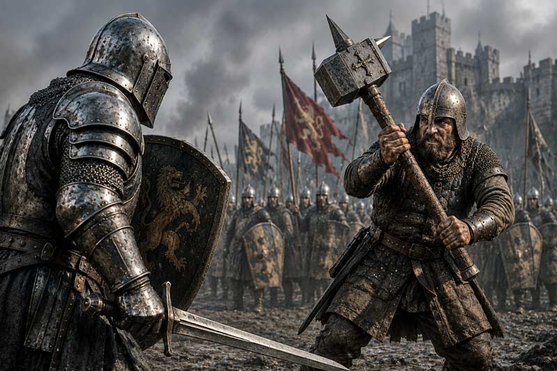 Armored knight facing a warrior wielding a massive war hammer on a medieval battlefield