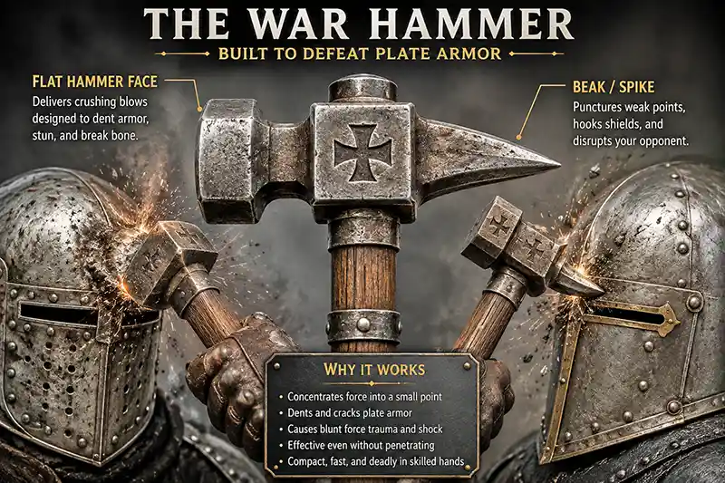 Medieval war hammer showing its crushing face and armor-piercing beak beside steel helmets.