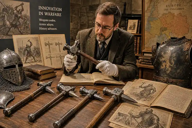 Historian examining medieval war hammers alongside armor, manuscripts, and historical sketches.