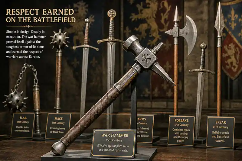 Museum display of a medieval war hammer surrounded by swords, maces, and polearms.