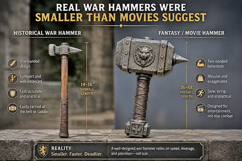 Historical one-handed war hammer compared with an oversized fantasy war hammer.