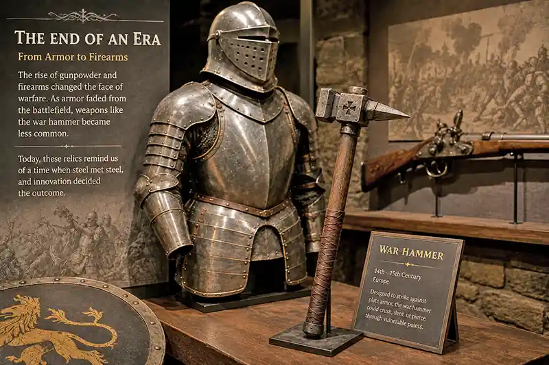 Museum display featuring an authentic medieval war hammer, plate armor, and an early firearm.