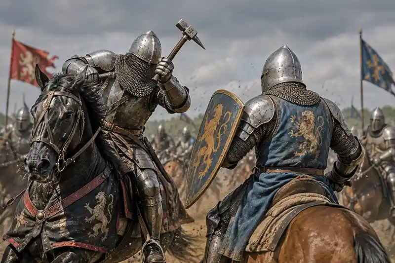 Armored knight on horseback attacking another cavalryman with a medieval war hammer.