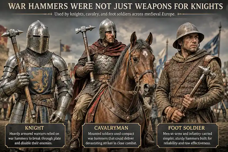 Medieval knight, cavalryman, and foot soldier carrying different styles of war hammers.