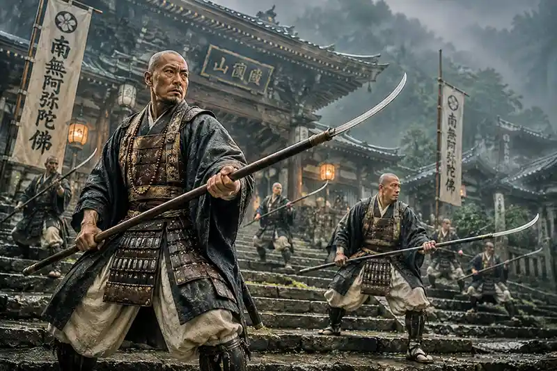 Warrior monks defending a mountain temple with traditional naginata weapons during a storm.
