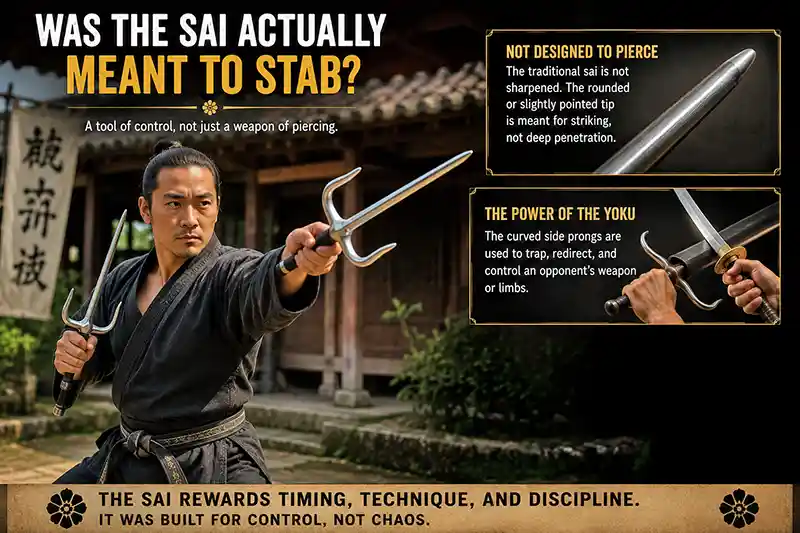 Martial artist demonstrating how a traditional sai traps and controls an opponent's sword.