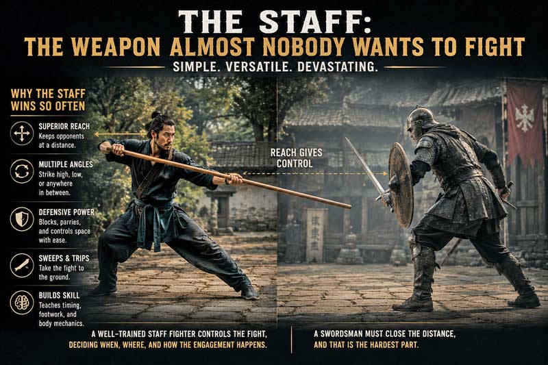 Staff fighter keeping an armored swordsman at distance with superior reach and control