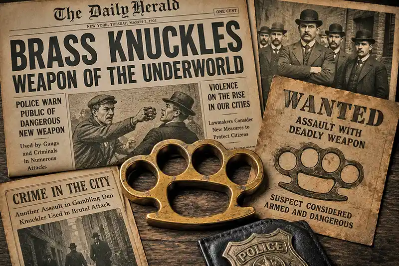 Vintage newspapers linking brass knuckles to crime in the early 1900s.