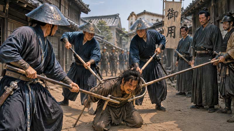 Guards using capture poles to restrain a fleeing suspect in feudal Japan.