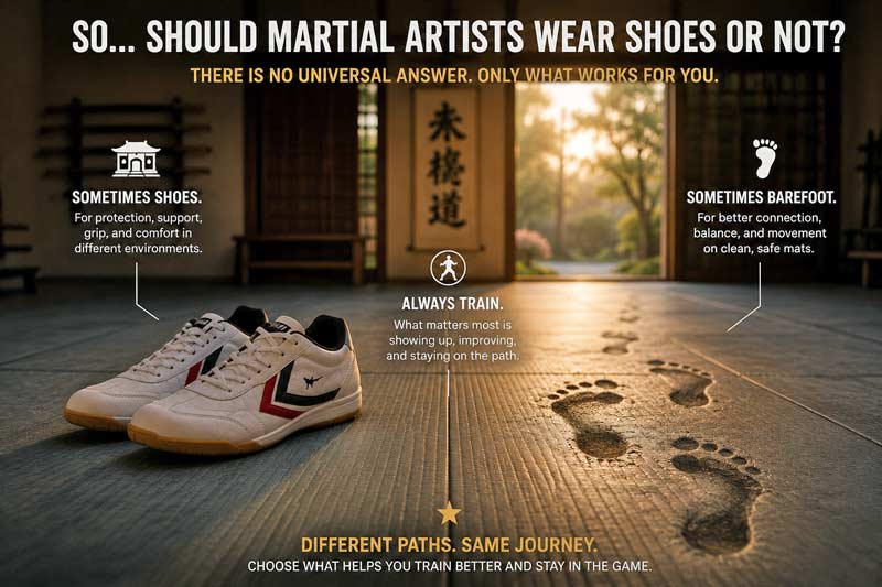 Martial arts shoes beside barefoot footprints in a dojo, symbolizing different training paths.