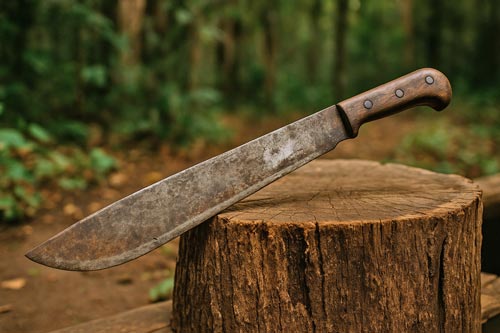 Weathered machete resting on a tree stump in a forest clearing.
