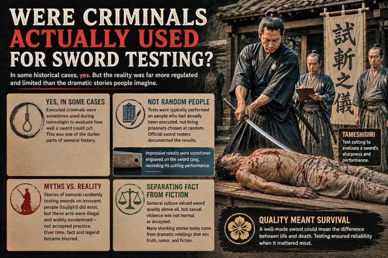 Infographic explaining whether executed criminals were really used for samurai sword testing during tameshigiri.