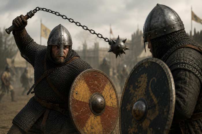 Medieval armored warriors in battle with one fighter swinging a traditional flail weapon and shield