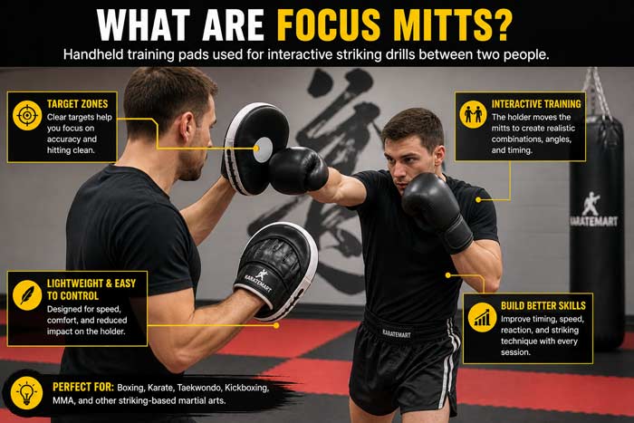 Infographic showing how focus mitts are used for training with target zones, movement, and striking drills in a gym setting