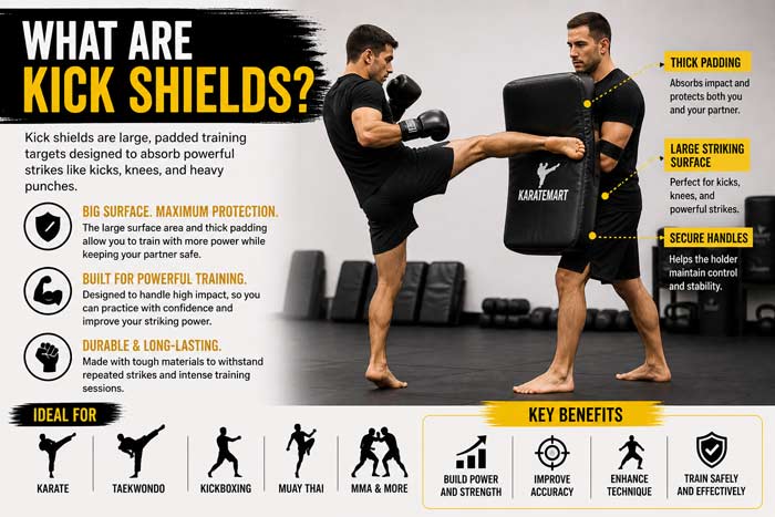 Infographic showing kick shields in use with features like thick padding, large striking surface, and power training benefits