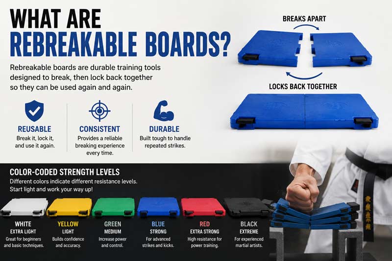 Infographic explaining what rebreakable boards are, showing how martial arts breaking boards snap apart, lock back together, and vary by strength level and color