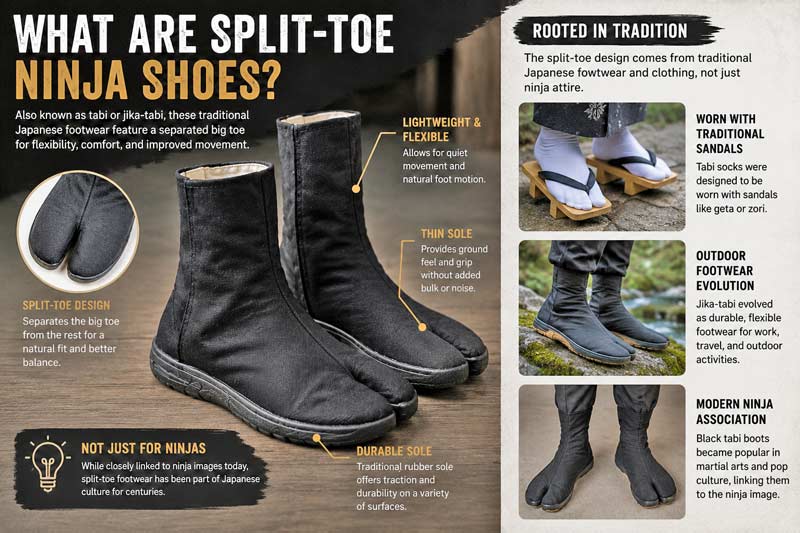 Infographic explaining split-toe ninja shoes, also known as tabi boots.