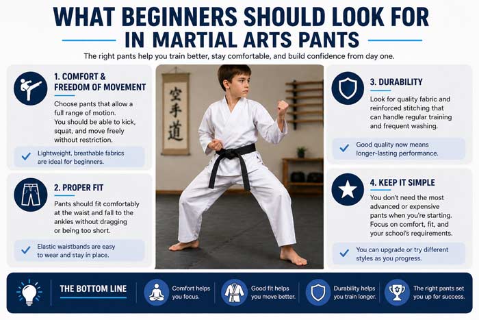 Infographic showing key features beginners should look for in martial arts pants including comfort, fit, durability, and ease of use